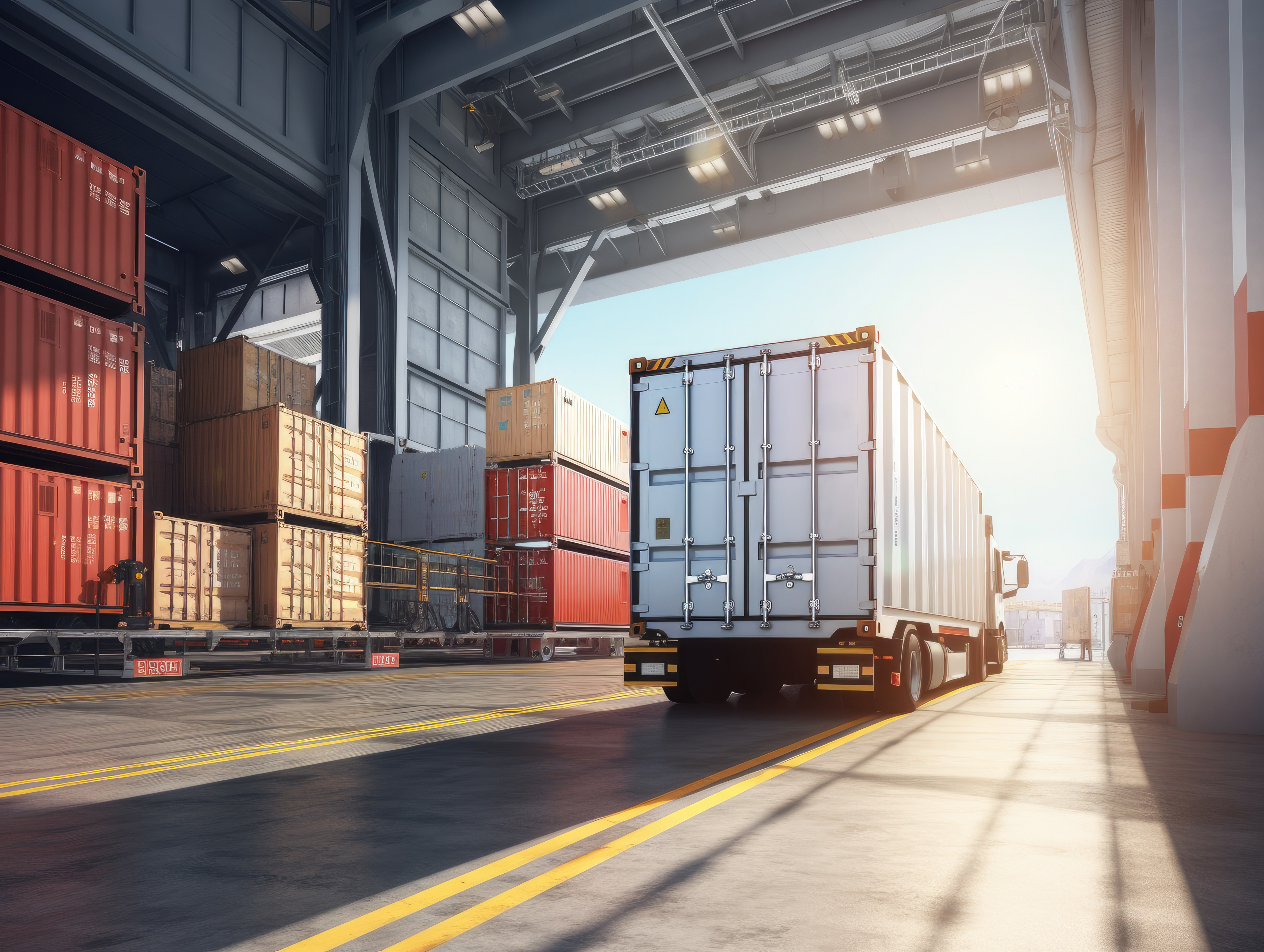 Lastbil lämnar en lastkaj vid ett lager med staplade fraktcontainrar, som illustrerar Best WMS for 3PL-verksamhet och effektiv hantering av tredjepartslogistik.